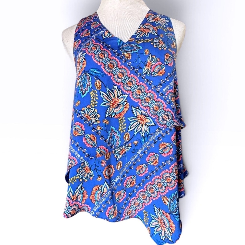 Laundry By Shelli Segal Blouse Womens S Blue Floral Asymmetrical Racerback Top